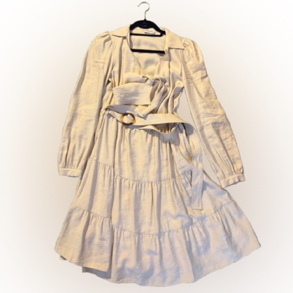 Cream Belted Mini Dress with Tiered Skirt